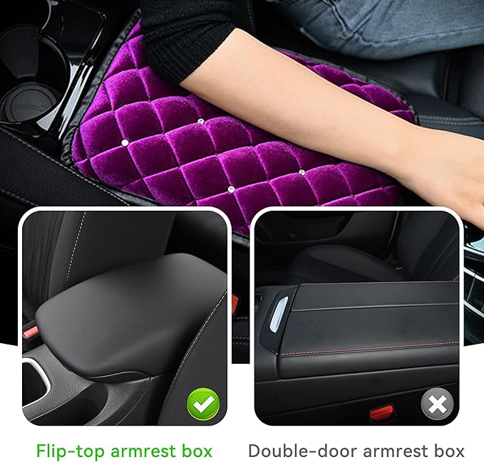 Bling Car Armrest Cover, Crystal Rhinestone Fluffy Automotive Armrest Seat Box Cushion Pad, Soft Comfortable Diamond Car Center Console Cover, Universal Vehicle Accessories (Purple)