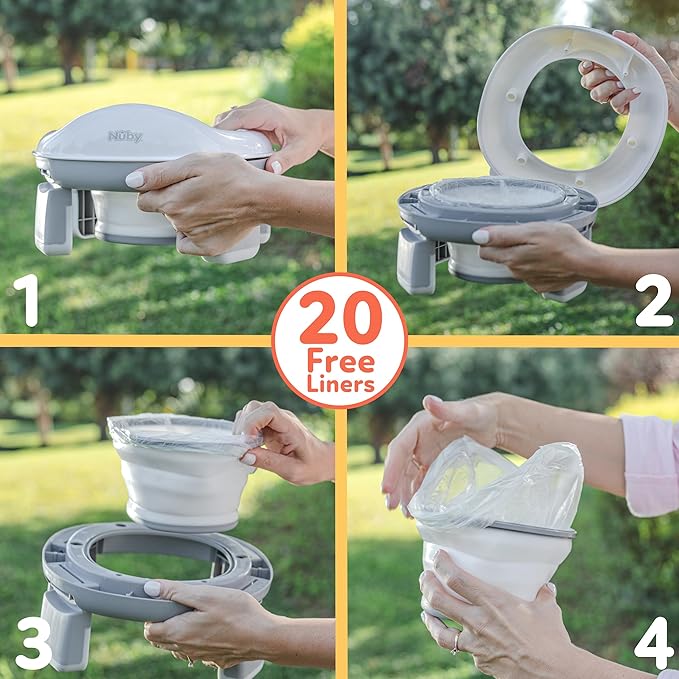 Nuby On-The-Go Portable Potty Seat - Travel Toilet Seat for Boys and Girls 18+ Months - Includes Storage Bag and Disposable Potty Liners - Toddler Travel Essentials - Toddler Potty Training Toilet
