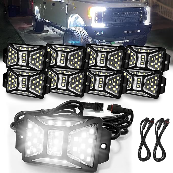 8 Pods Pure White Rock Lights with 2 Pack Connectors Extension Wires,Waterproof Rock Lights Compatible with Trucks Jeep UTV SUV ATV Boat Golf Cart, Mess Free Two-Path Wiring Underglow Kits(Patented)