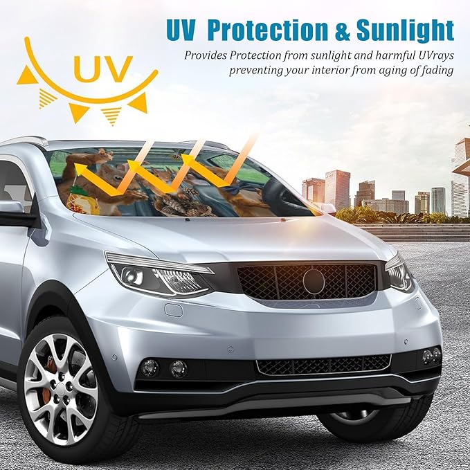Funny Squirrel Car Windshield Sun Shade Foldable Sunshade Front Window Cover Sun Visor Protector Accessories (59x27.5 inches)