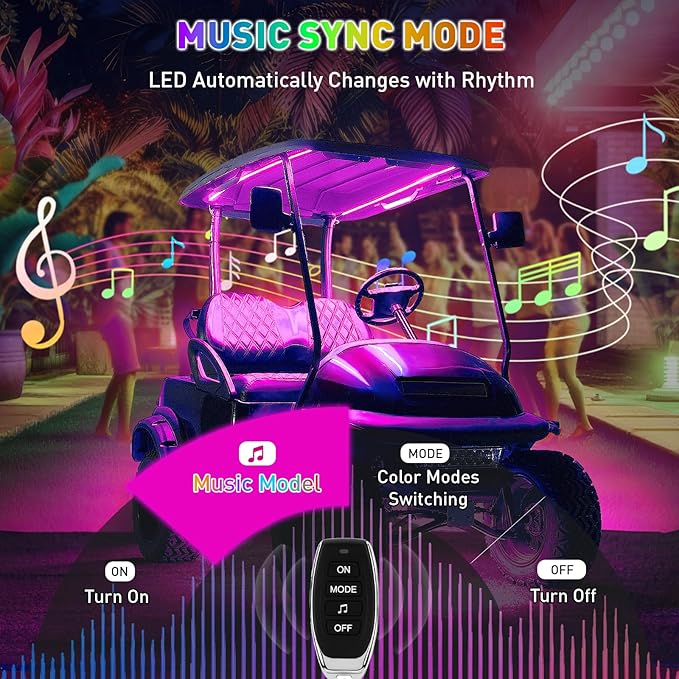 Golf Cart Underglow LED Light Strip Kit, 28 RGB Modes with Music Sync & Wireless Remote | 12-85V Wide Voltage, Fit Club Car, EZGO, Yamaha (2/4/6 PCS)