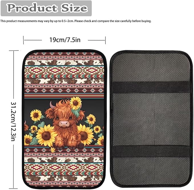 UNICEU Western Highland Cow Car Center Console Armrest Cover Pad Sunflower Armrest Cushion Universal Fit Most Vehicle,SUV,Truck,Car Seat Box Lid Cover Interior Decoration Accessories