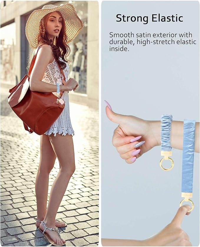 WEESMILE Keychain Wristlet, Stretchy Key Chain for Car Keys with D ring, Cute Scrunchie Wrist Bracelet for Women Men