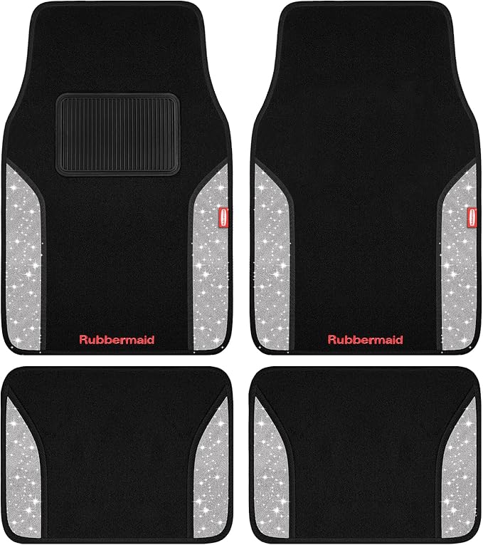 Rubbermaid Bling Car Mats, Carpeted Floor Car Mat with Faux Leather & Built-in Heel Pad, Two-Tone Car Rug Floor Mats, Stylish Carpeted Floor Mats for Cars, Trucks & SUVs Glitter Sliver Color