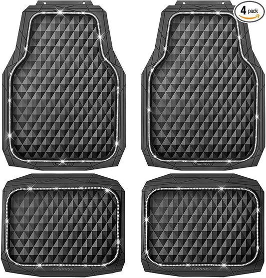 CAR PASS Bling Diamond Rubber Car Mats, Heavy Duty Deep Dish All-Weather Floor Mat Full Set Anti-Slip 3D Rhombus Waterproof Trim Fit Liner Universal Glitter Sparkly Shining Rhinestone, White Diamond