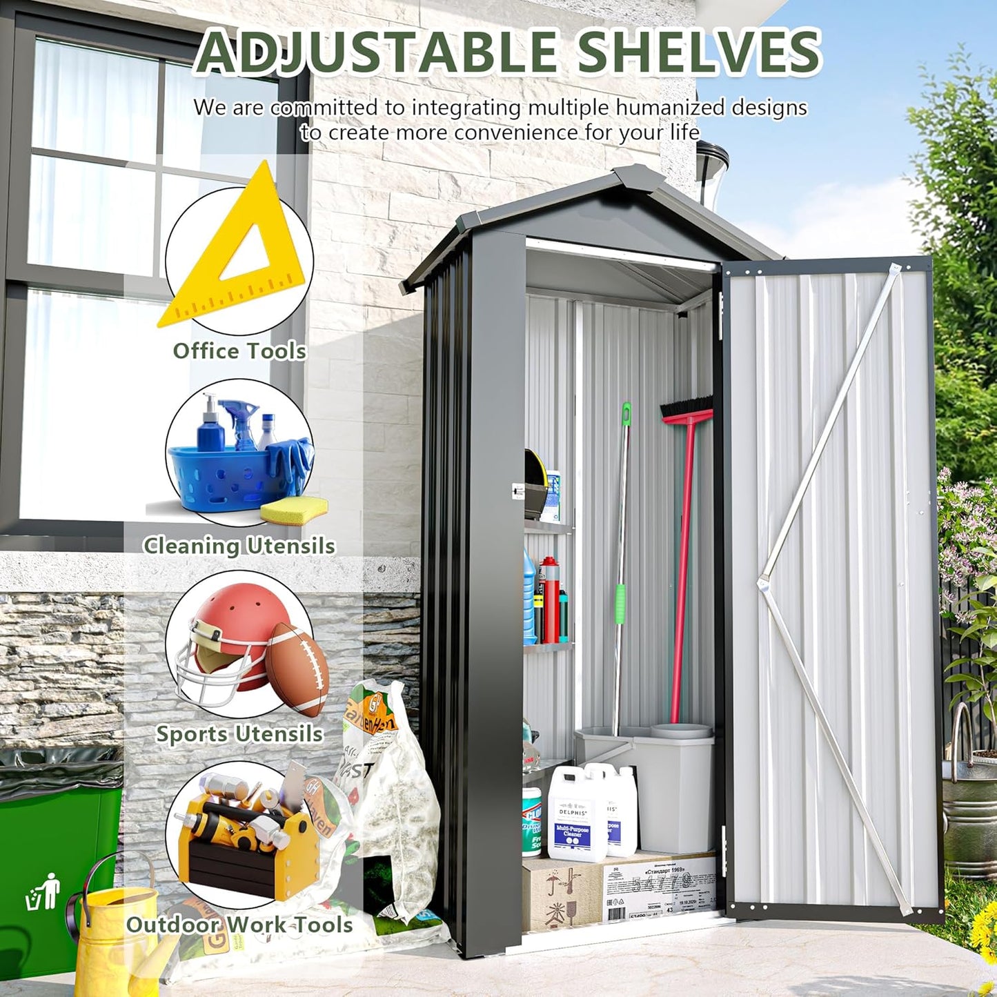 Outdoor Metal Storage Shed, Waterproof Garden Tool Shed with Lock, Galvanized Steel Utility Cabinet, Weather-Resistant Storage Locker for Backyard, Patio, Garage Tools Organization (Black)