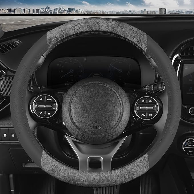 BDK BurlwoodLux Wood Grain and PU Leather Gray Steering Wheel Cover - Sport Grip for Car Auto SUV Trucks