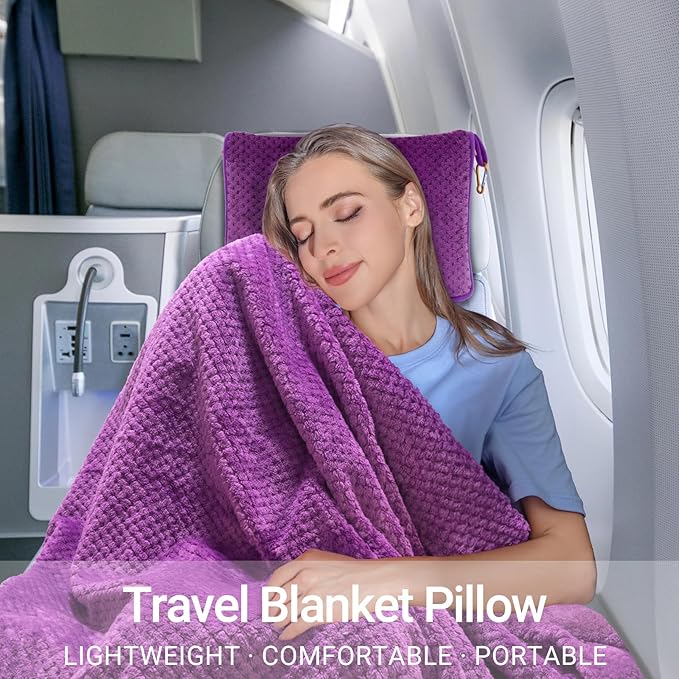 Travel Blanket Pillow-Premium Soft 2 in 1 Airplane Blanket for Long Trips Essentials with Bag Pillowcase, Hand Luggage Sleeve and Backpack Clip (Violet)