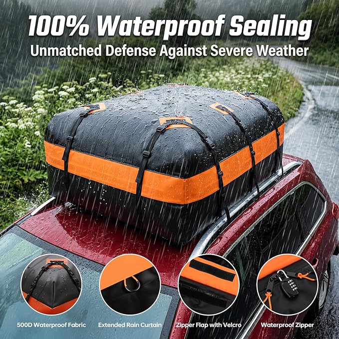 Car Rooftop Cargo Carrier Bag, 20 Cubic Feet Waterproof Heavy Duty Roof Bag with 8 Reinforced Straps & Combination Lock, Soft Shell PVC Car Top Luggage Carrier for SUV Truck RV, Travel Camping Storage