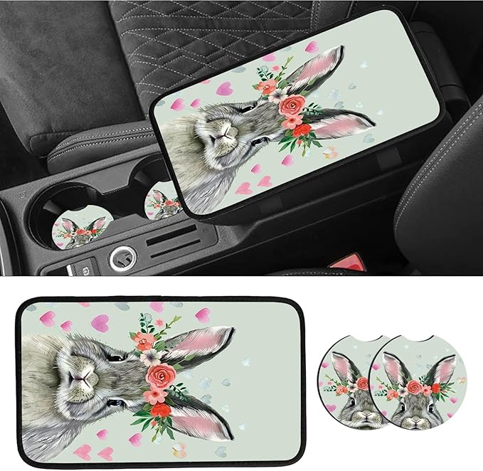 Car Armrest Cover Pads Universal Fashion Cute Auto Center Console Armrest Cover Pad with 2PCS Car Coasters Soft Waterproof Car Armrest Seat Protector for Women, Cute Gray Rabbit