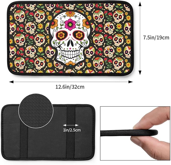 Universal Car Center Console Cushion Pad, Sugar Skull Soft Waterproof Car Center Console Cover Auto Armrest Seat Box Cover Protector for Most Vehicle SUV Truck Car