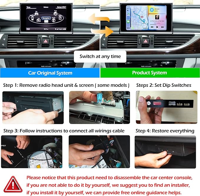 Wireless CarPlay + Android Auto + Mirroring Retrofit Decoder Box Kit, USB Stick Playback, Compatible with Audi A6 A7 C7 from 2016-2018 with MIB Version