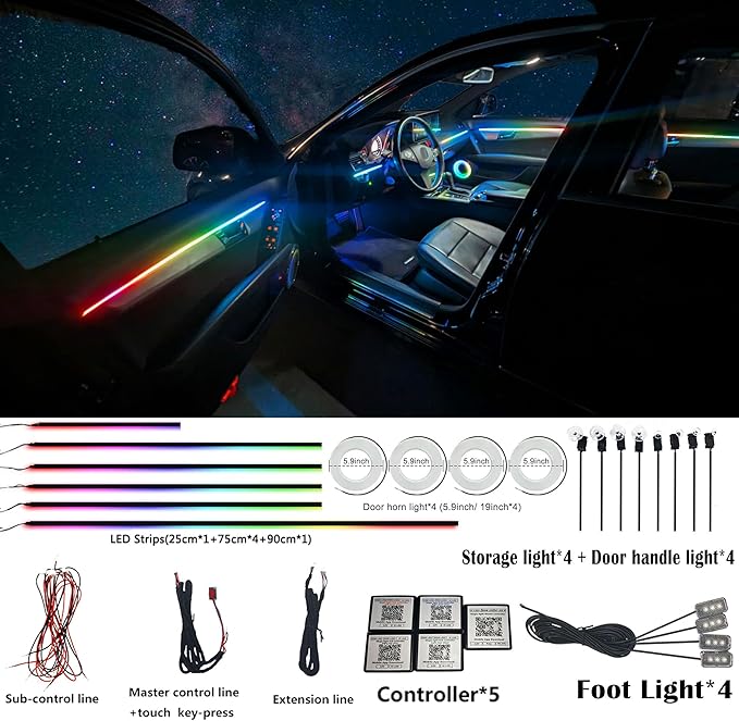 Dreamcolor Acrylic Interior Car LED Strip Light, RGB 22 in 1 Fiber Optic Ambient Lighting Kits, 16 Million Colors Sound Active Function Car Neon Lights with Wireless APP