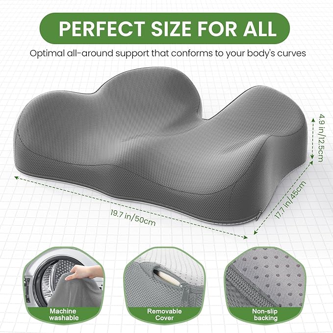 A-Pce Ergonomic Seat Cushion -Large Memory Foam Cushion for Office Chair- Sciatica & Lower Back & Coccyx Pain Relief - Car Seat Cushions for Driving Seat Cushion, Grey