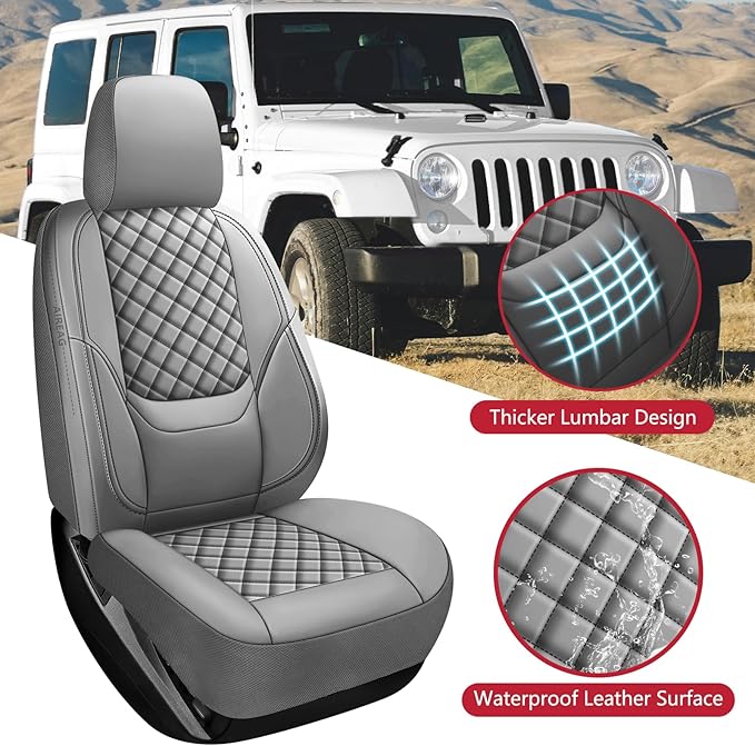 Wrangler Seat Covers 2007-2026 Front Pair, Waterproof Leather Interior Sets with Lumbar Support Custom Fit for Jeep Wrangler JK JL 2/4 Door Unlimited Sahara/Sport/Rubicon X 392 Willys, Gray