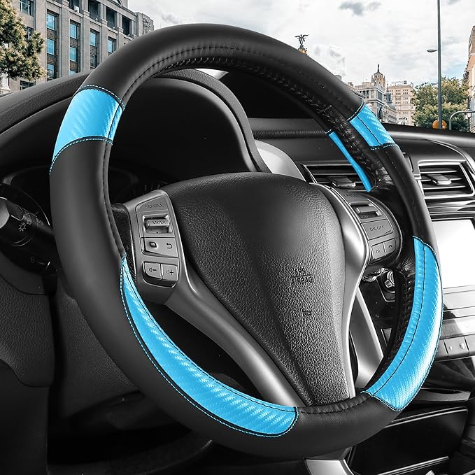 Non-Slip Car Nappa Leather Steering Wheel Cover,Universal Car Accessories Women Men Fit 14" 1/2-15" Suvs/Vans/Sedans/Cars/Trucks,Light Blue