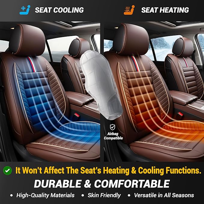 OASIS AUTO Car Seat Covers Front Seats Premium Waterproof Faux Leather Cushion Universal Accessories Fit SUV Truck Sedan Automotive Vehicle Auto Interior Protector (OS-001 Brown)