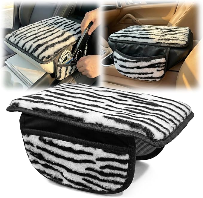 Plush ZebraPrint Car Center Console Cover with Side Pockets, Fluffy Armrest Cushion Pad,Soft Zebra Car Interior Decorations Accessories with Storage for Women,Universal Fit for Vehicles SUV Truck