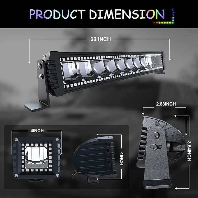 22" RGB LED Light Bar 2Pcs 4" Flood LED Pods with Multi-Color Chasing RGB Halo 16 Solid Colors Over 92 Flashing Modes Offroad Lights Driving Lamp Fog Lights with Switch Wiring Harness