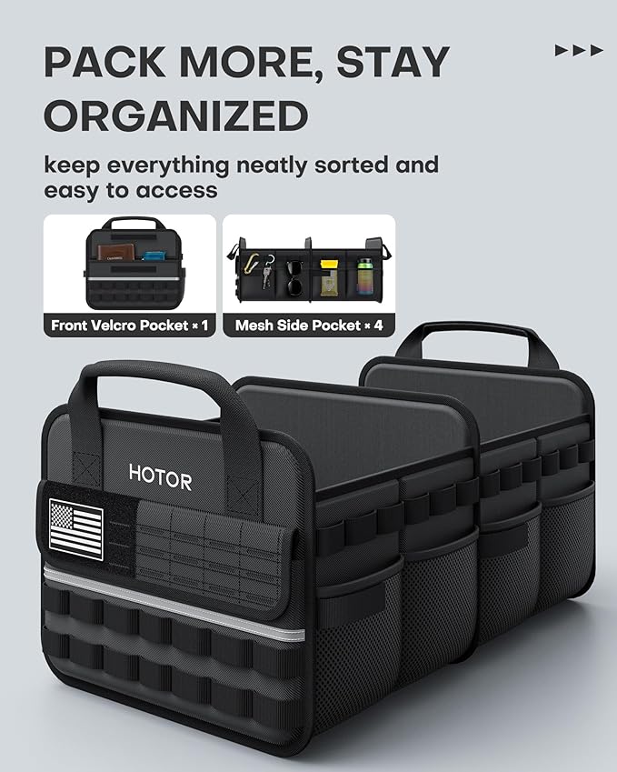HOTOR Tactical Car Trunk Organizer - Foldable Trunk Organizer for SUV with Front MOLLE Pocket & Reflective Strips, Essential Car Accessories for Tools & Outdoor Storage, 12.8" x 21.7" x 11.0", Black