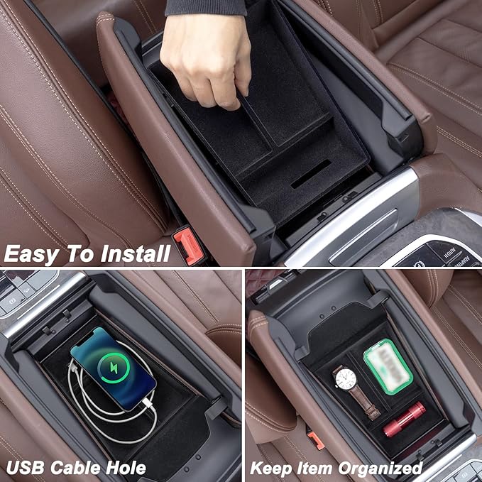 JKCOVER Flocking Material Center Console Organizer Tray Compatible with BMW X5 G05 X7 G07 (2019-2025) and X6 G06 (2020 2021 2022 2023 2024 2025) Accessories Flocked Interior Armrest Insert Storage Box