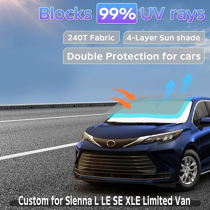 Sun Shade Sunshade for Toyota Sienna 2021-2025 2026 L LE SE XLE Limited Van Windshield Cover, 4-Layers Sun Shield 250T Silver Coating Sun Visor Foldable Window Shade Blocks UV Rays Car Accessories