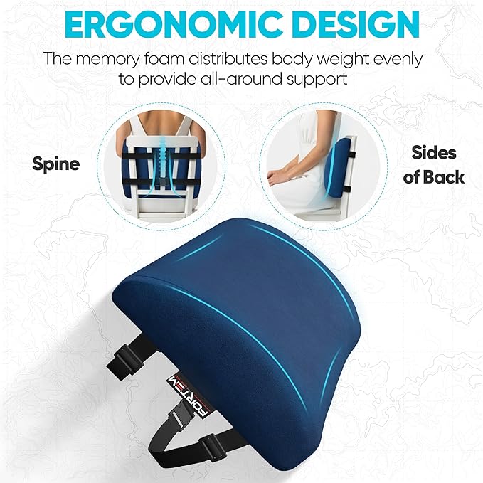 FORTEM Lumbar Support Pillow for Office Chair, Lumbar Support Pillow for Car, Back Rest for Gaming, Memory Foam Pillow, Desk Chair Cushion, Breathable & Washable Cover, Adjustable Straps