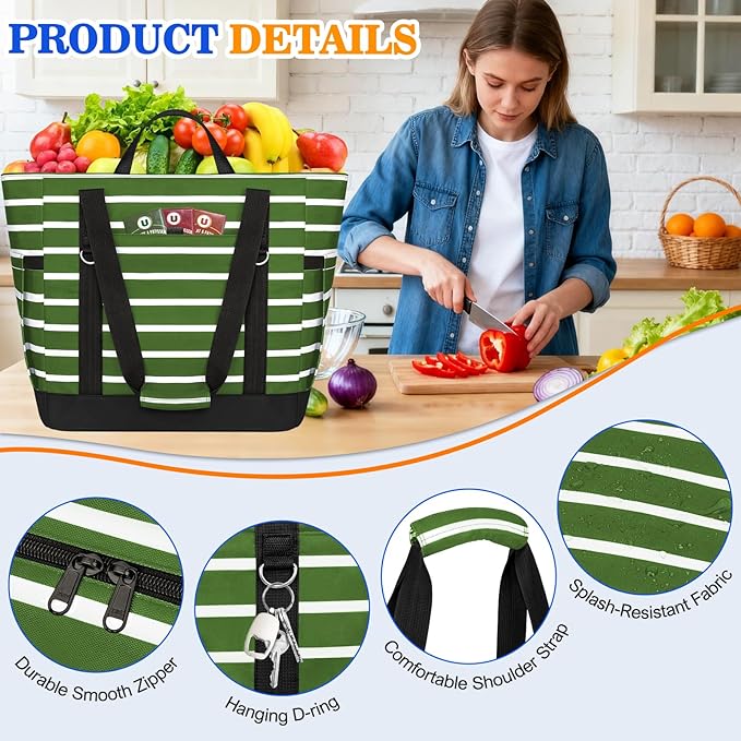 HUANLANG Soft Cooler Bag Insulated for Travel,Large Insulated Grocery Bags with Zippered Top,PEVA Collapsible Food Delivery Cooler Bag for Beach, Travel, Picnics