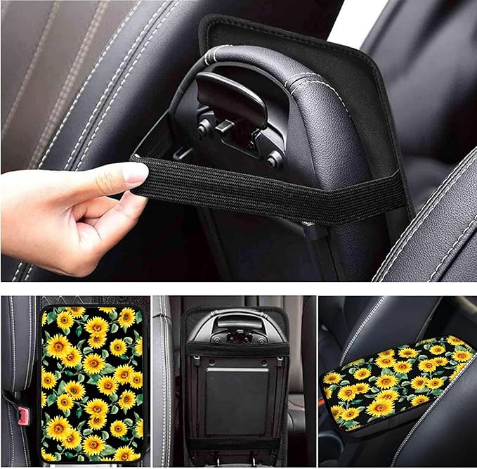 Sunflower Print Car Steering Wheel Covers Set Men Women Car Interior Accessories 6 Pcs Cup Coaster Handbrake Gear Cover Fit for SUV Truck Sedan
