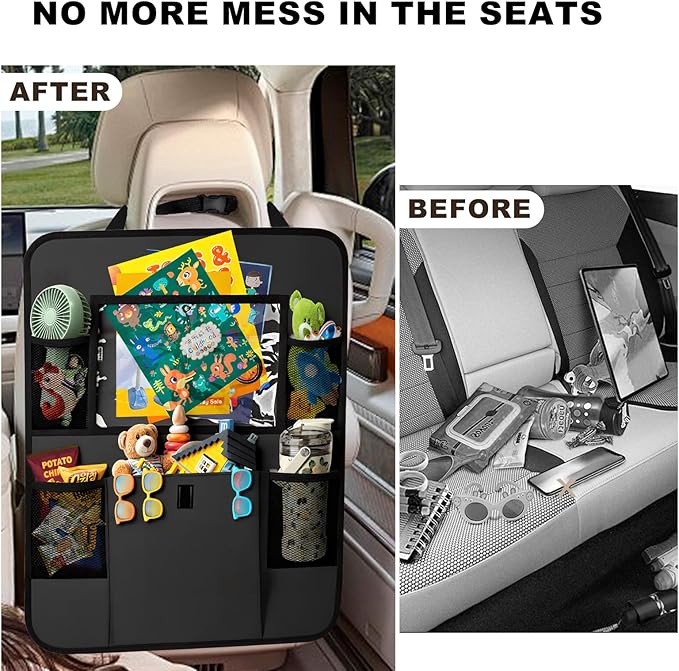 Car Backseat Organizer with Tablet Holder, 6 Storage Pockets Seat Back Protectors Kick Mats for Kids, Car Seat Protector for Road Trips 2 Pack (Black)