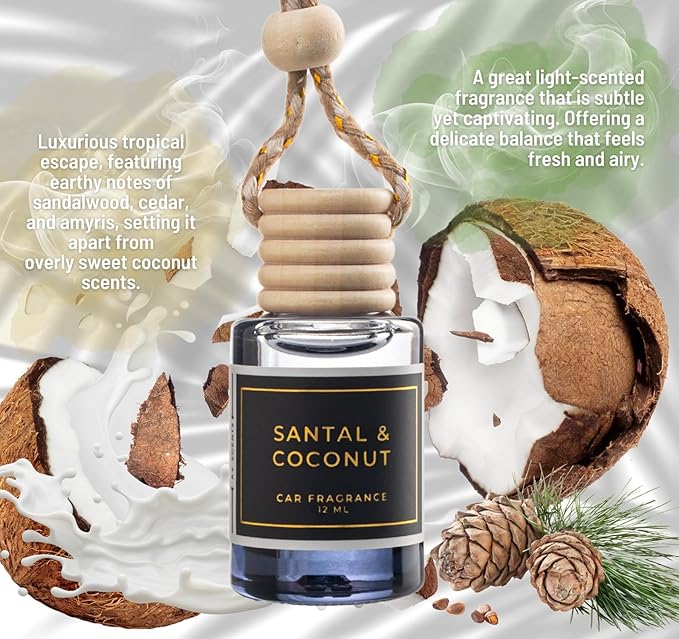 Santal & Coconut - A Fragrant Whisper of Opulent Tropical Serenity! - Luxury Car Hanging Diffuser - Long Lasting Car Freshener - Lasts up to 60 days | A+ Scents