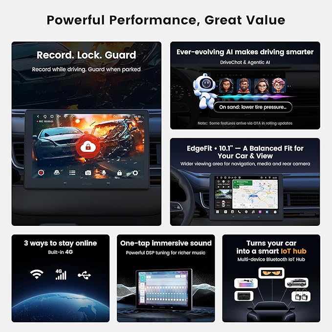 A7 10.1" QLED Android Double Din Car Stereo, 4G LTE/Wi-Fi/USB, SPDIF/DSP/4V RCA, Wireless Android Auto & CarPlay, AI DriveChat, HDMI-in/Out, GPS Tracking & Parking Monitor, S8 Gen4