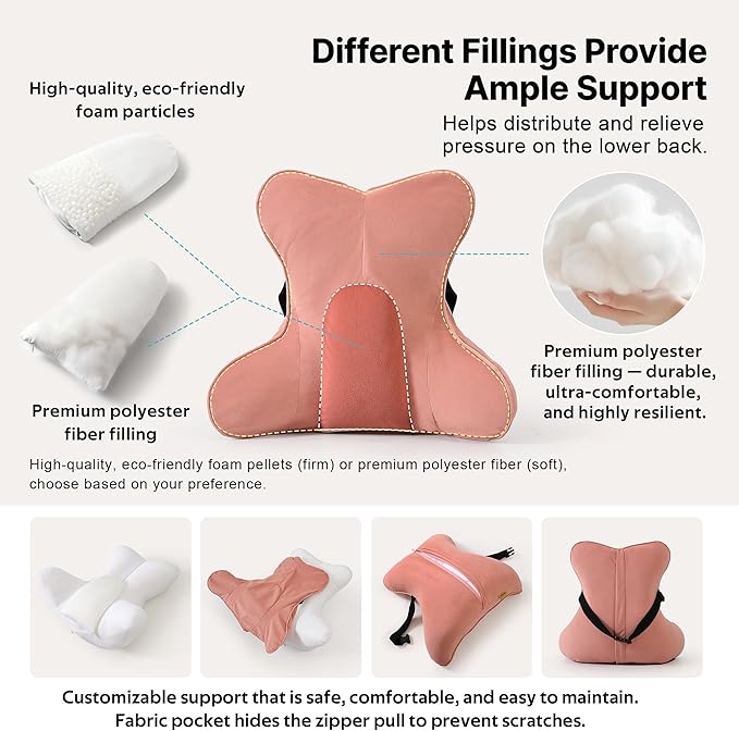 Lumbar Support Pillow (Pat. Pend) for Office Chair, Couch, Recliner & Car Seat, Ergonomic Back Support Cushion for Lower Back Pain Relief, Washable Lumbar Pillow, Blush Pink
