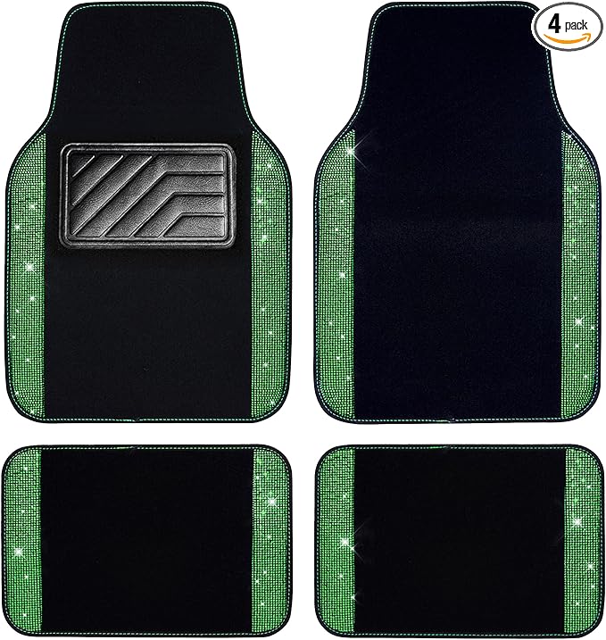 CAR PASS Shining Rhinestones Carpet, Bling Crystal Diamond Sparkly Glitter Car Floor Mats with Anti-Slip PVC Heel Pad Automotive Universal for SUV,Sedan,Car,Van,4pcs for Girl Women Green Diamond