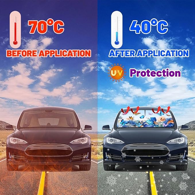 Butterfly Print Car Sunshade Umbrella Floral Windshield Sun Shade for Car Retractable Umbrella Sunshades for Front Window Butterflies Sun Shades Cover Visor Portector Block UV Rays