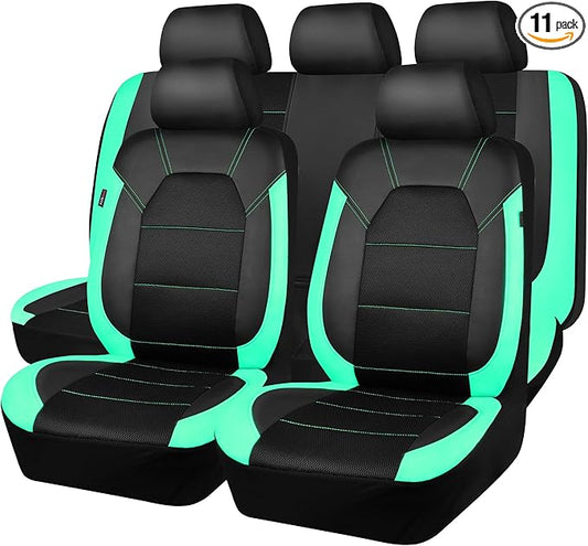CAR PASS Leather Seat Covers, Breathable Universal Car Seat Cover Full Set for Cute Women Girly,Super 5mm Composite Sponge Inside,Airbag Compatible Fits Most Auto,SUVs,Trucks,Vans(Full Set,Black&Mint)