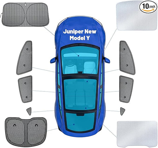 10PCS Sunshade Roof & Full Windshield Side Window for Tesla Model Y Juniper 2025-2026, Foldable Window Shades with Suction Cups, Sunroof Cover with No-Sag Design, Heat Insulation Privacy Camping