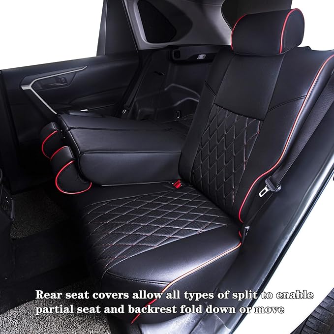 HKZ Fit RAV4 Car Seat Covers Set for 2019 2020 2021 2022 2023 2024 2025 Toyota RAV4 LE,XLE,XLE Premium,Limited - 5 Seats Full Set Leather(Black+Red)