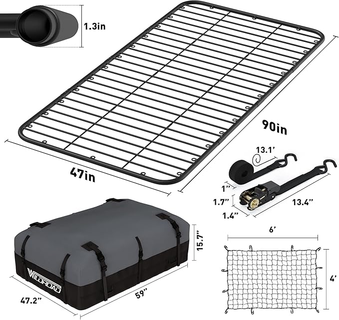 Wildroad Car Roof Platform, Universal Roof Flat Rack Combo 90" x 47" x 1.3" Heavy Duty Roof Rack Platform with Cargo Bag, Cargo Net, Ratchet Straps and Anti-Rust Sealant Fits for SUV Truck Cars