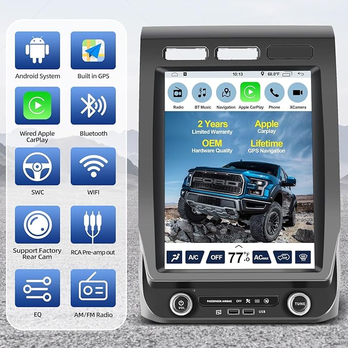 for Ford F150 Radio Upgrade 2015 2016 2017 2018 2019 2020, Android Stereo Navigation Replacement,12.1inch Touch Screen,Built in Carplay GPS BT,Support Wireless Carplay Android Auto WiFi AM(V1)