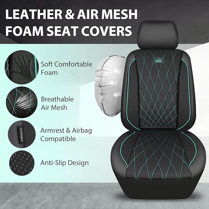 CAR PASS Thick Foam 3D Air Mesh Leather Car Seat Covers Front Seats Only, Breathable Premuim Leather Two Front Seat Cover, Airbag Compatible Universal Fit for 95% Sedan Van Truck SUV,Black and Mint