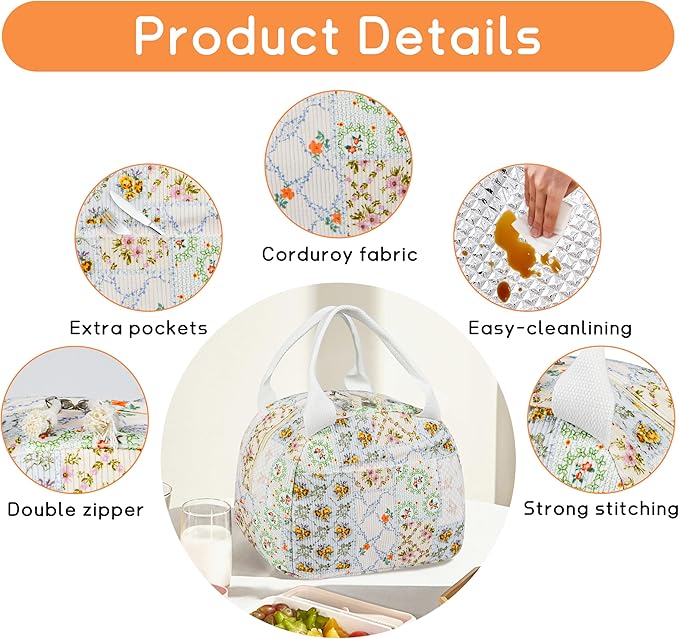 Lunch Bag for Women Insulated Lunch Box Cute Corduroy Lunch Tote Bags Reusable Large Capacity Cooler Bag for Travel Work Picnic