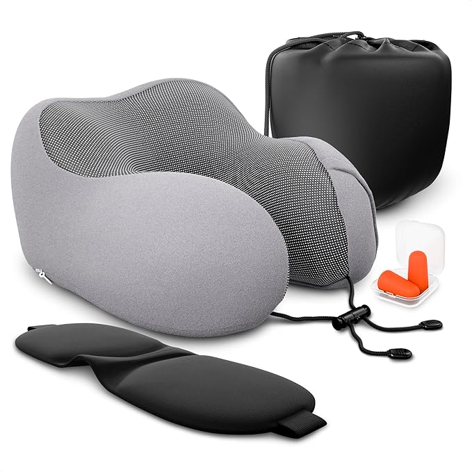 Plane Neck Pillow for Long Flights – 4-in-1 Set | Adjustable Memory Foam Gray Airplane Pillow Neck Support, Eye Mask, Earplugs, & Cover | Soft Washable Cotton Cover, Button Closure – Comfort Traveling