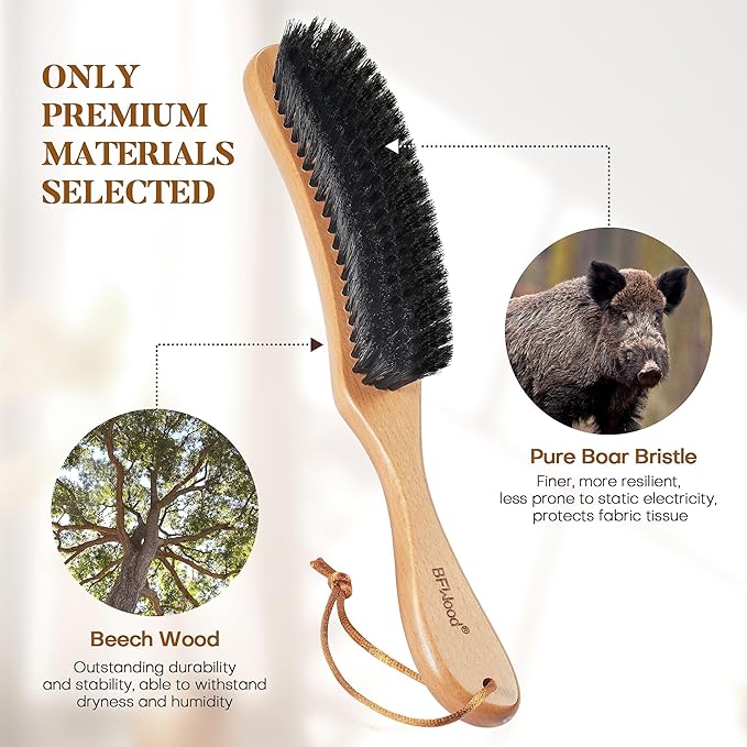 BFWood Clothes Brush, Boar Bristle Hat Brush Lint Brush for Suits, Cashmere, Wool, Velvet, Suede and Pet Hair, Large Beech Handle