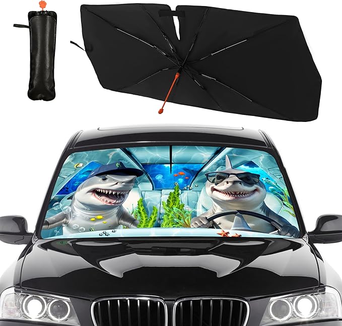 CHILL·TEK Funny Animal Car Windshield Sun Shade Umbrella, Funny Shark Car Sun Shade Umbrella, Block UV Rays Heat Foldable Windshield Umbrella Sun Visor Protector - Keep Vehicle Cool for Cars SUV