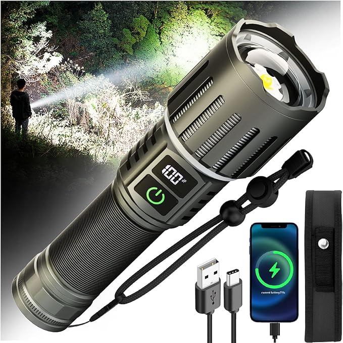 Victoper Rechargeable Flashlight, Titanium 5 Modes Zoomable Flash Light, Bright Real 1500 High Lumens Flashlights, LED Power Display Tactical Flash Lights Holster for Camping Hunting Essential Men