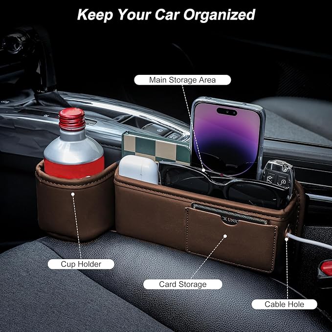 Car Seat Gap Filler Organizer with Cup Holder, Universal Fit Soft Leather Car Box Storage, Automotive Car Accessories Necessities for Phones Keys Sunglasses Cards (1 Pack brown)