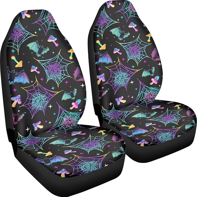 Bat Spiderweb Mushroom Car Front Seat Covers Full Set of 2,Universal Bucket Seats Protector,Fit for Most Vehicles