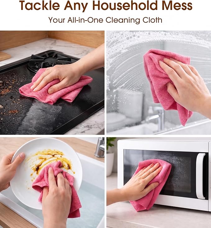 KitchLife Microfiber Cleaning Cloth Roll, 100 Pack - Tear-Away Microfiber Paper Towels, Lint-Free, Reusable, Washable for Kitchen, Car, Dishes, and Sensitive Surfaces (Pink)