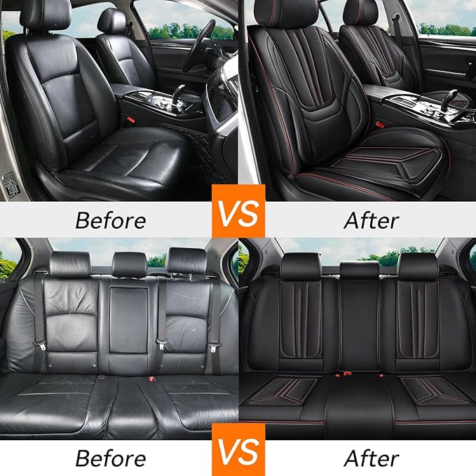 Car Seat Covers, Premium Leather Car Seat Covers, Waterproof and Breathable Seat Covers, Universal Car Seat Protector Fit for Cars, Trucks, SUVs, Pick-ups (Black&Red line, FullSet)